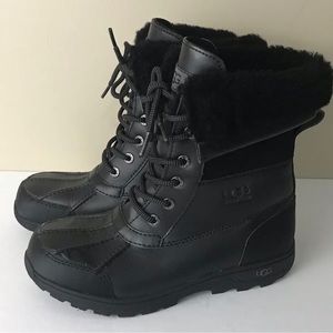 UGG Kids Butte II Black Leather Waterproof Winter Snow Boots Size US 4